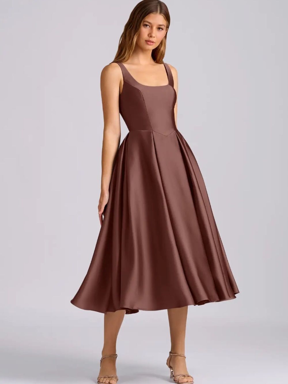 NWT Azazie Amalie Stretch Satin Espresso Midi Bridesmaid Dress
